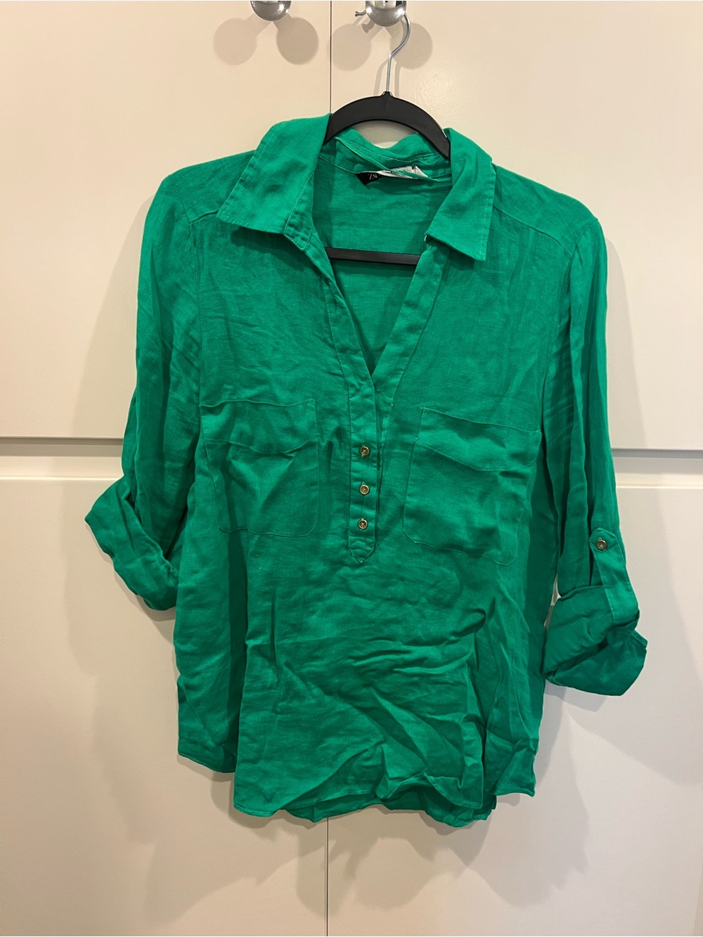 Zara Green V-Neck Button Popover Tunic